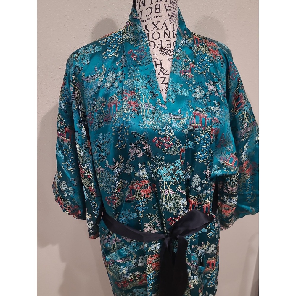 Vintage Eastex Kimono Robe women SZ‎ M Teal all over Floral Japan jacquard print - Picture 2 of 11